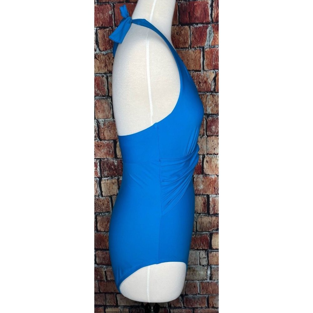 NWT Spanx Bayside Blue Halter One Piece Shaping Slimming Belted Beauty Swimsuit - Picture 3 of 7
